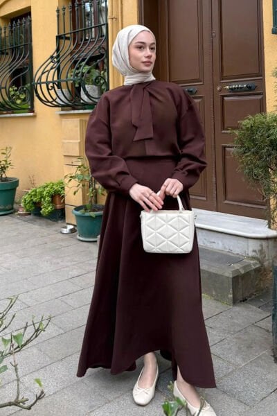 Acı Kahve Krep İki Pileli Etek