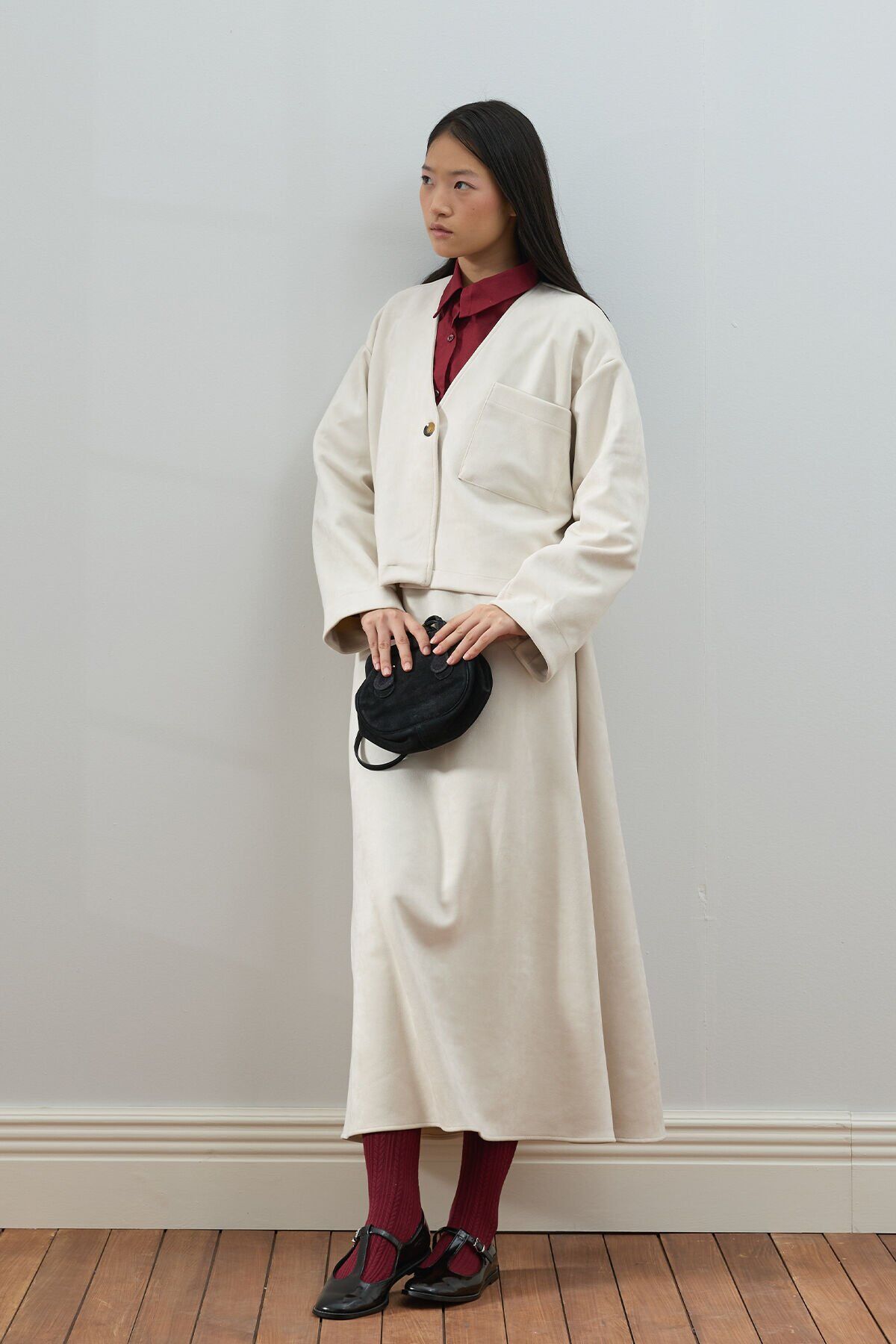 Krem Süet Kloş Etek - Ceket Takım