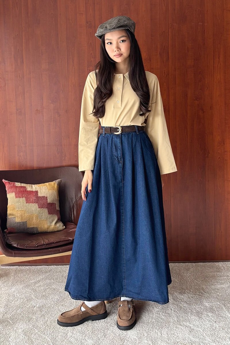 Bej Süprem Polo Yaka Body & Kot Tek Düğmeli Etek Takım