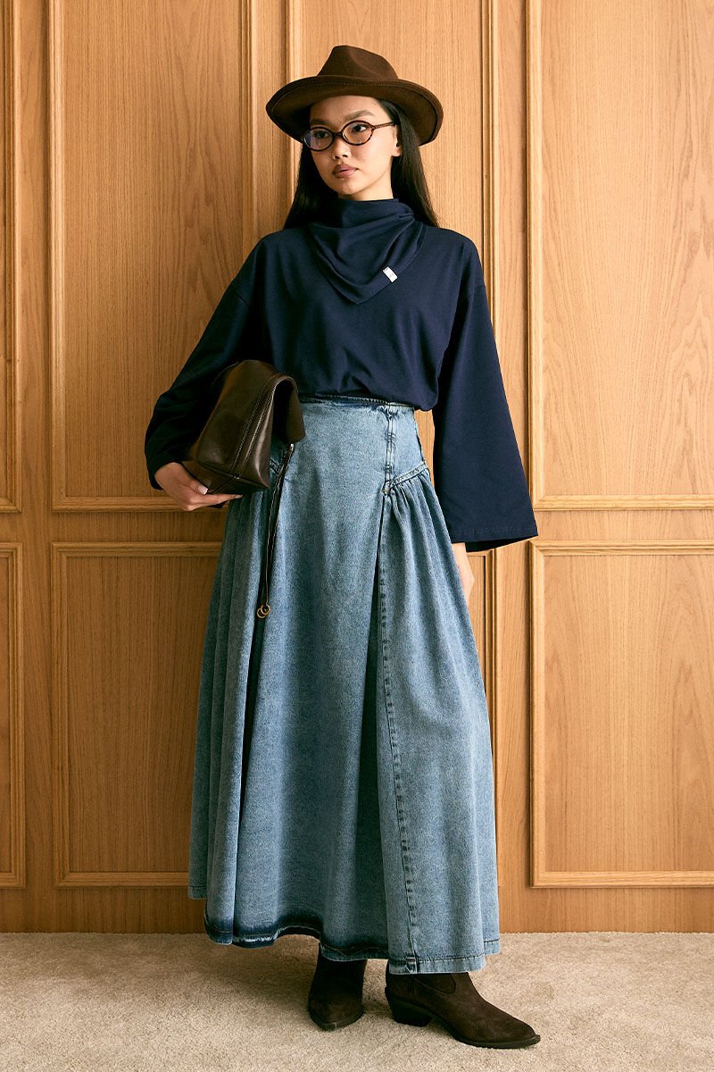 Lacivert Fularlı Body & Buz Mavisi Pile Detay Kot Etek Takım