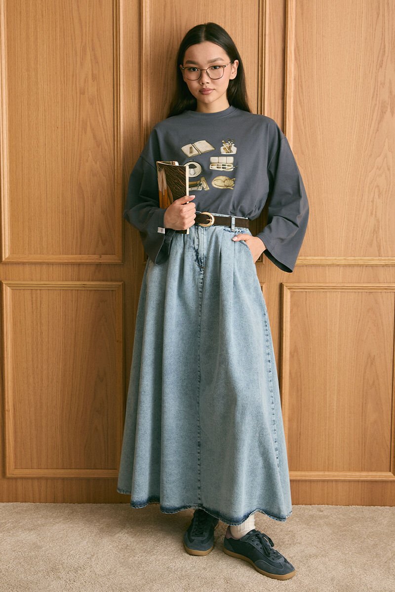 Antrasit Kitap Baskılı Basic Body & Buz Mavi Kot Tek Düğmeli Etek Takım