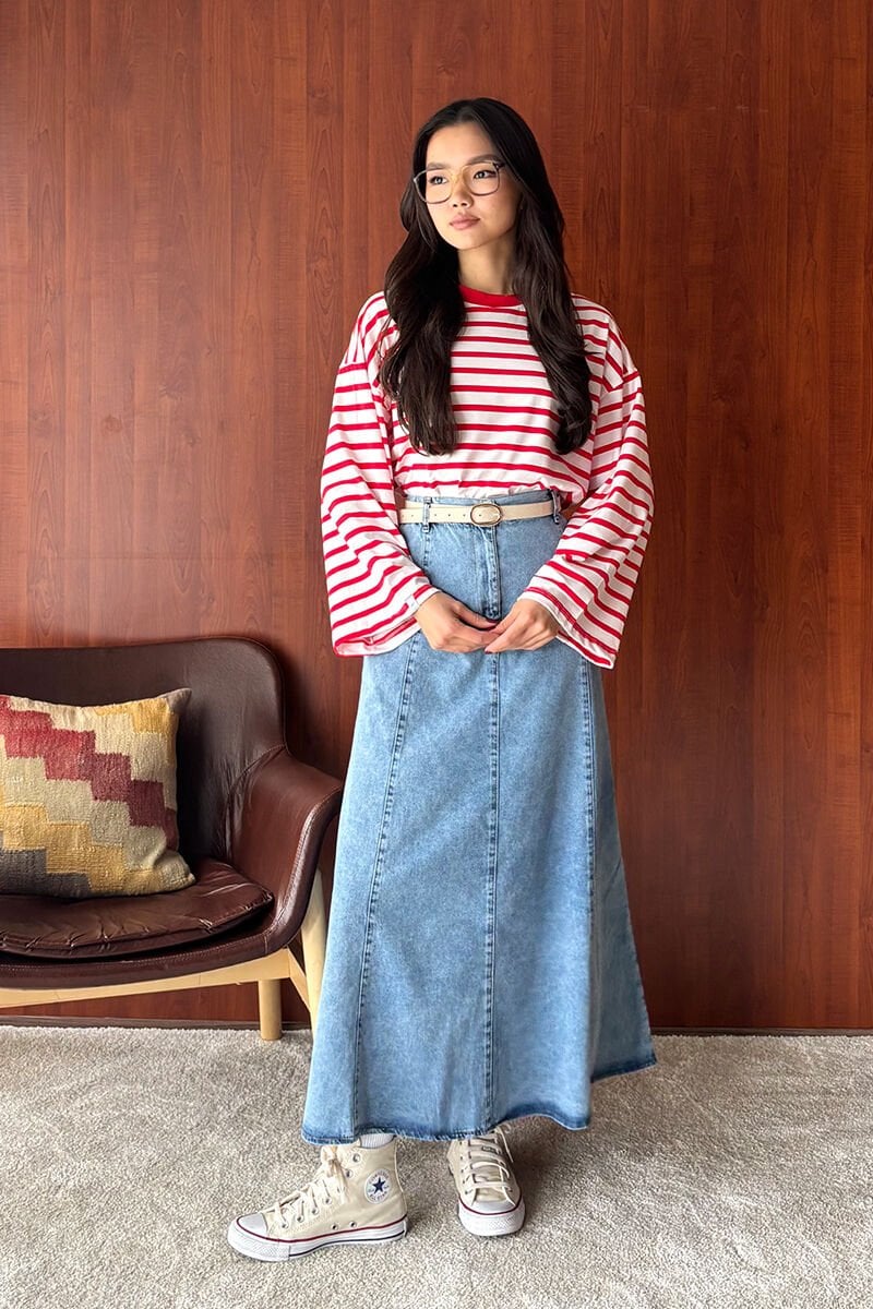 Kırmızı Çizgili Body & Buz Mavisi Kot Kloş Etek Takım