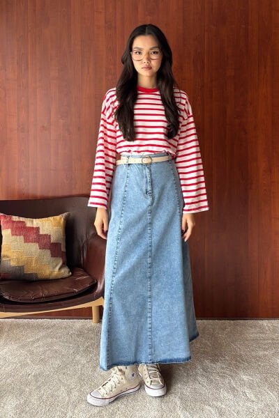 Kırmızı Çizgili Body & Buz Mavisi Kot Kloş Etek Takım