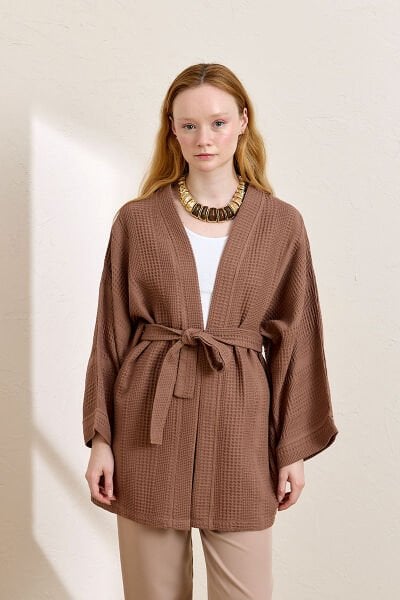 Kahverengi Waffle Kısa Kimono