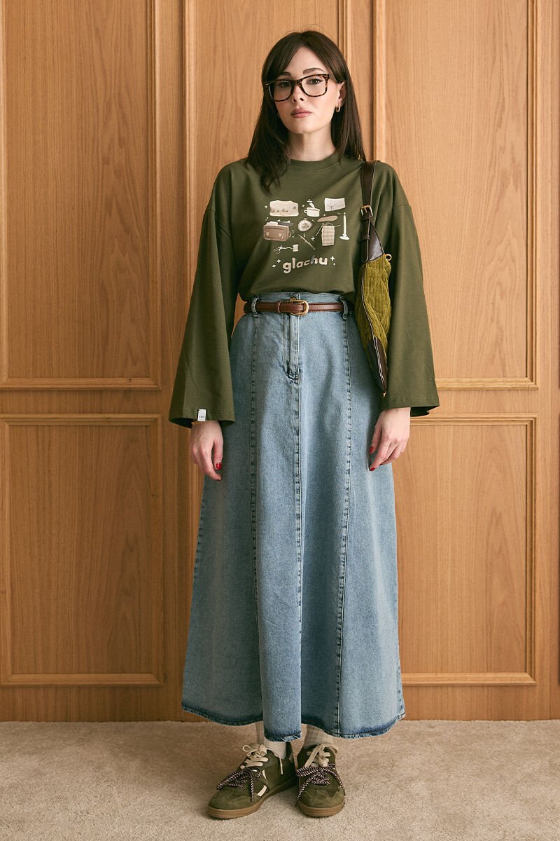 Haki Glochu Baskılı Basic Body & Buz Mavisi Kot Kloş Etek Takım