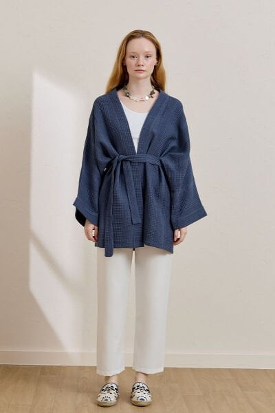 İndigo Waffle Kısa Kimono
