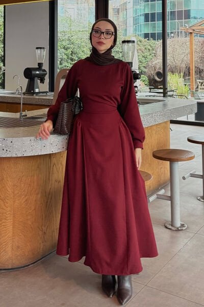 Bordo Krep Korsaj Detay Elbise