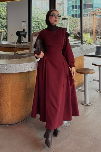Bordo Krep Korsaj Detay Elbise