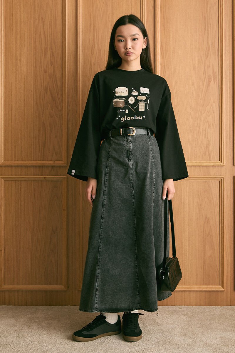 Siyah Glochu Baskılı Basic Body & Antrasit Kot Kloş Etek Takım