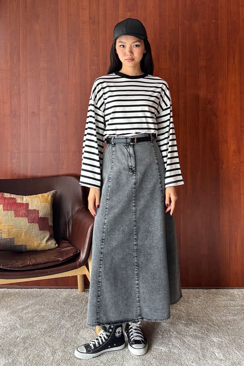 Siyah Çizgili Body & Antrasit Kot Kloş Etek Takım