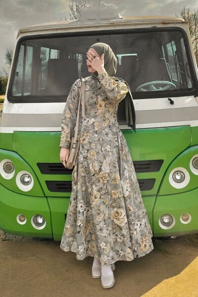 Haki Gül Desenli Korsaj Detay Elbise