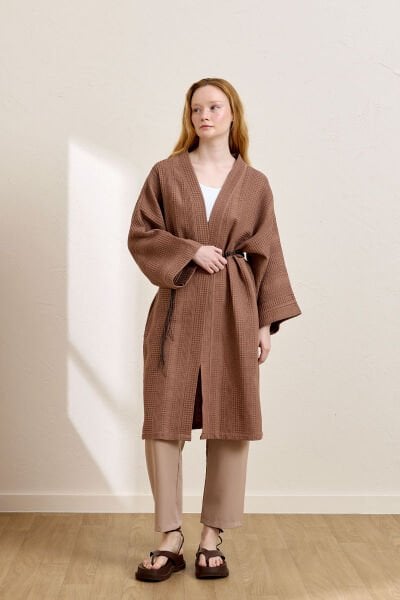 Kahverengi Waffle Uzun Kimono