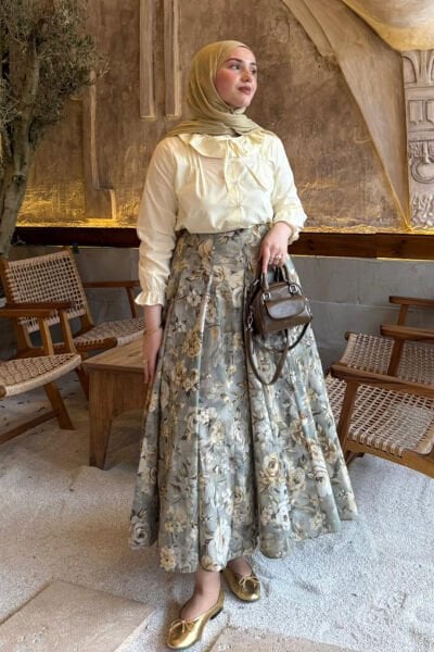 Haki Gül Desenli Parçalı Etek