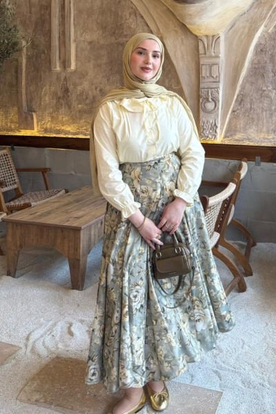 Haki Gül Desenli Parçalı Etek