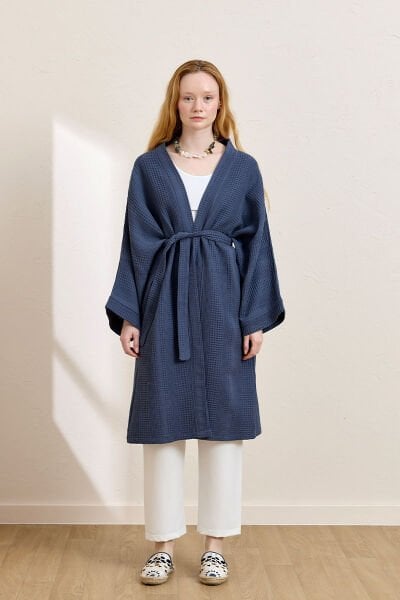 İndigo Waffle Uzun Kimono
