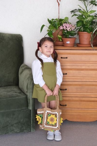Çocuk Yağ Yeşili Duck Keten Etekli Salopet