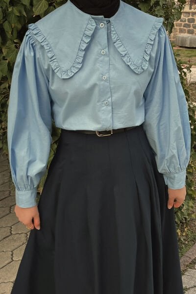 Lacivert Koton Parçalı Etek