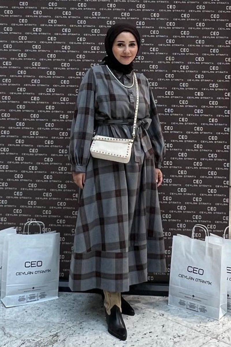 Antrasit Ekoseli Vintage Elbise I Bahar Ceylan