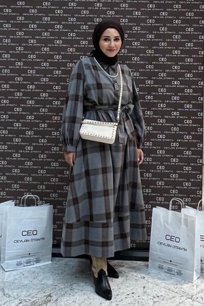 Antrasit Ekoseli Vintage Elbise I Bahar Ceylan