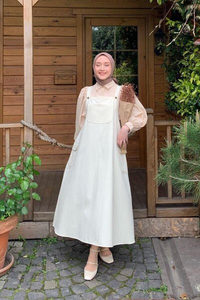Açık Ekru Keten Etekli Salopet