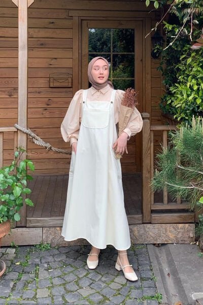 Açık Ekru Keten Etekli Salopet