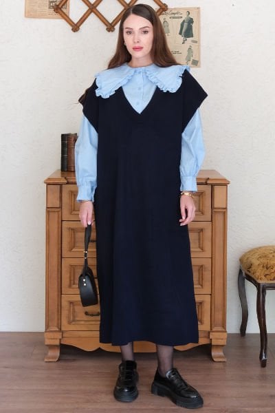 Lacivert Triko Jile & Bebe Mavisi Yakası Fırfırlı Crop Gömlek Takım