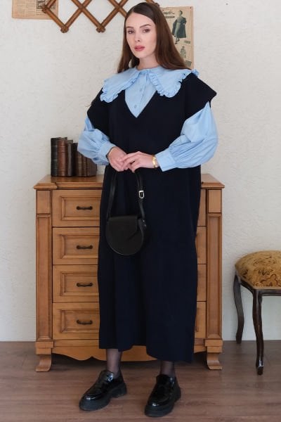 Lacivert Triko Jile & Bebe Mavisi Yakası Fırfırlı Crop Gömlek Takım