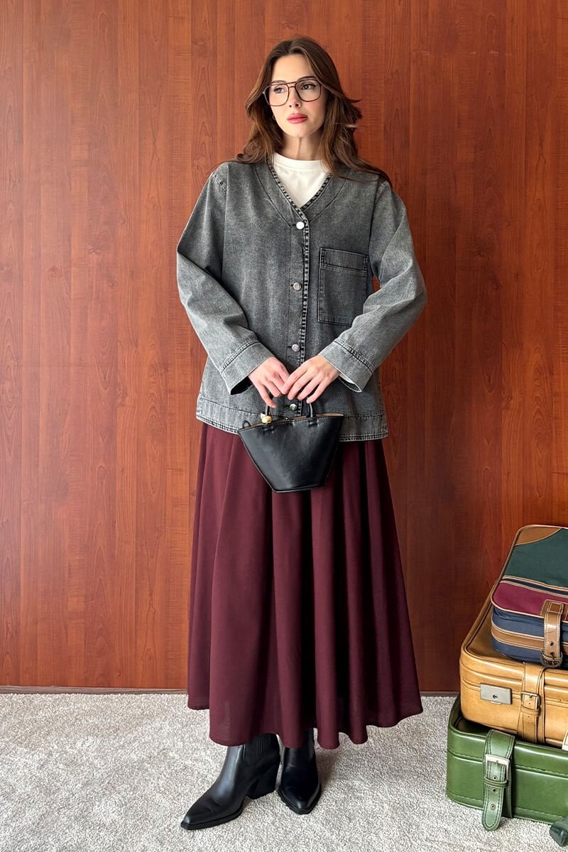 Antrasit Blazer Ceket & Bordo Poliviskon Kolej Etek Takım