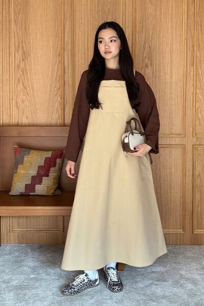 Sütlü Kahve Keten Etekli Salopet