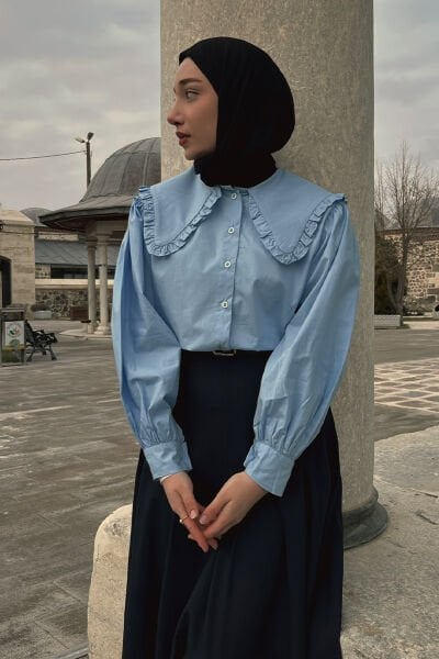 Bebe Mavisi Yakası Fırfırlı Crop Gömlek