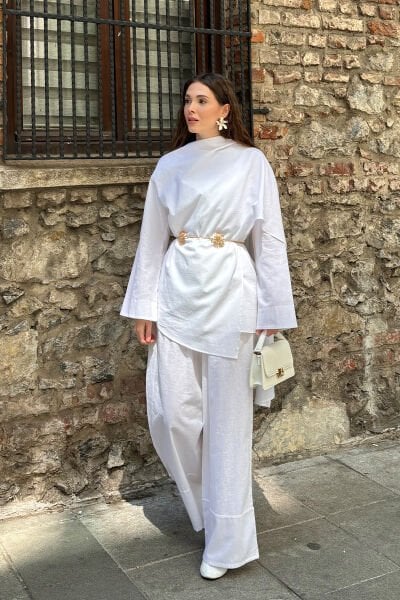 Beyaz Organik Keten Şal Detay Tunik & Double Paça Pantolon Takım