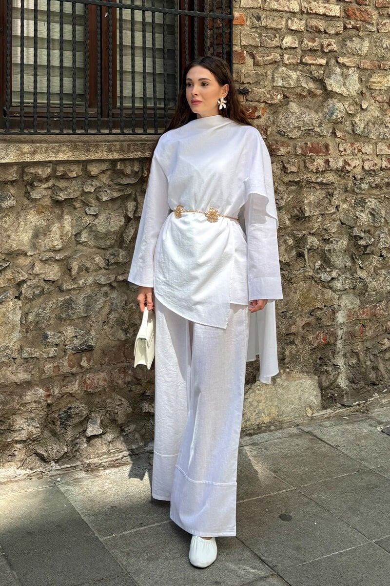 Beyaz Organik Keten Şal Detay Tunik & Double Paça Pantolon Takım