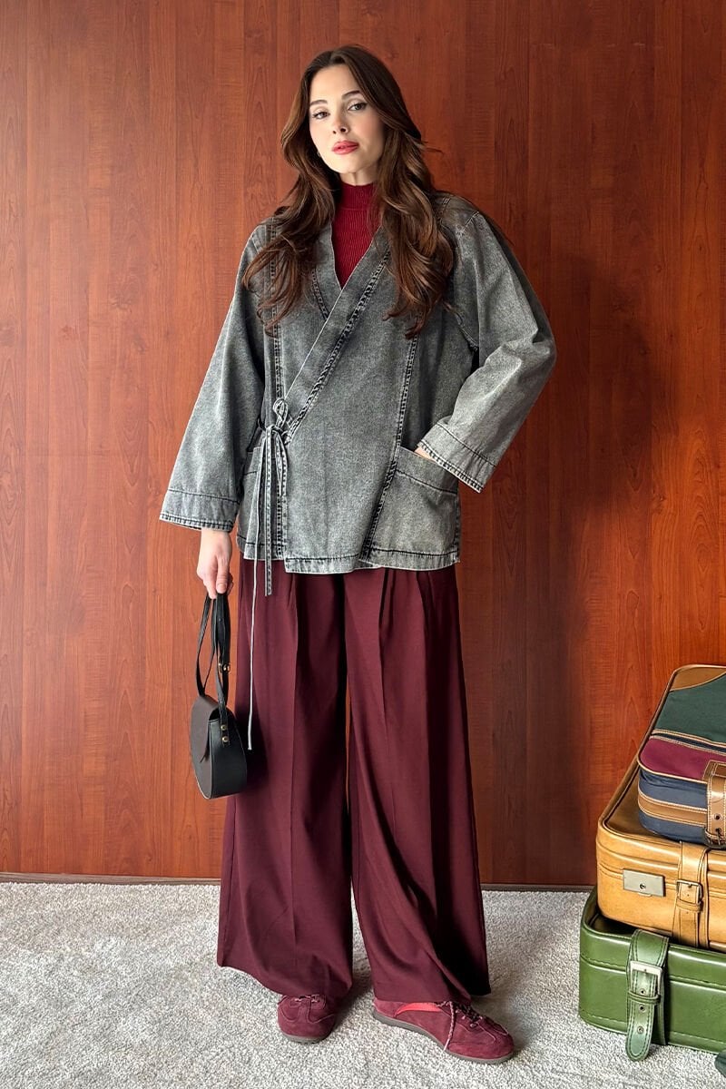 Antrasit Kruvaze Ceket & Bordo Pile Detay Palazzo Pantolon