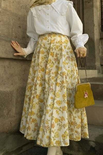 Sarı Çiçek Desenli Parçalı Etek