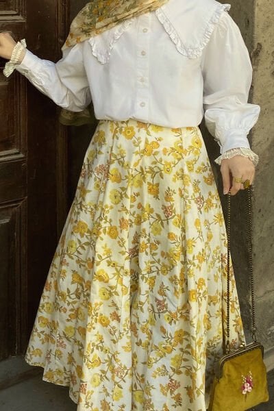 Sarı Çiçek Desenli Parçalı Etek