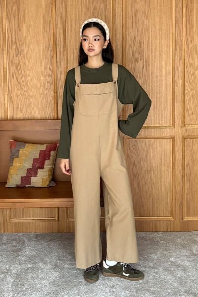 Sütlü Kahve Keten Salopet Tulum