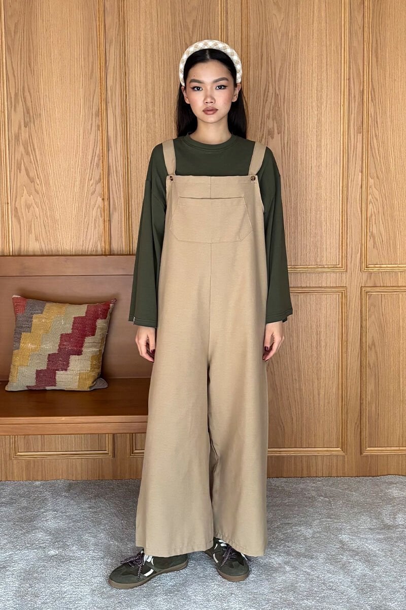 Sütlü Kahve Keten Salopet Tulum