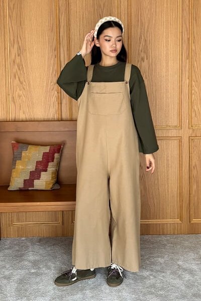 Sütlü Kahve Keten Salopet Tulum & Haki Body Takım