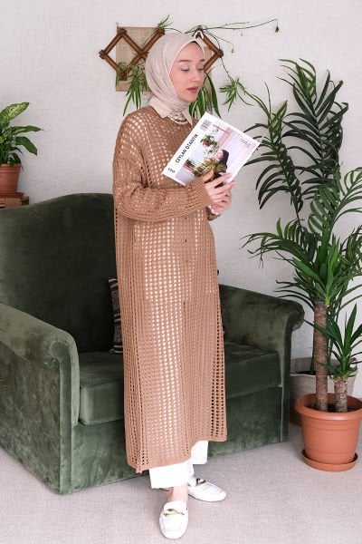 Sütlü Kahve File Triko Elbise