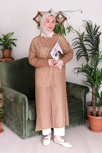 Sütlü Kahve File Triko Elbise