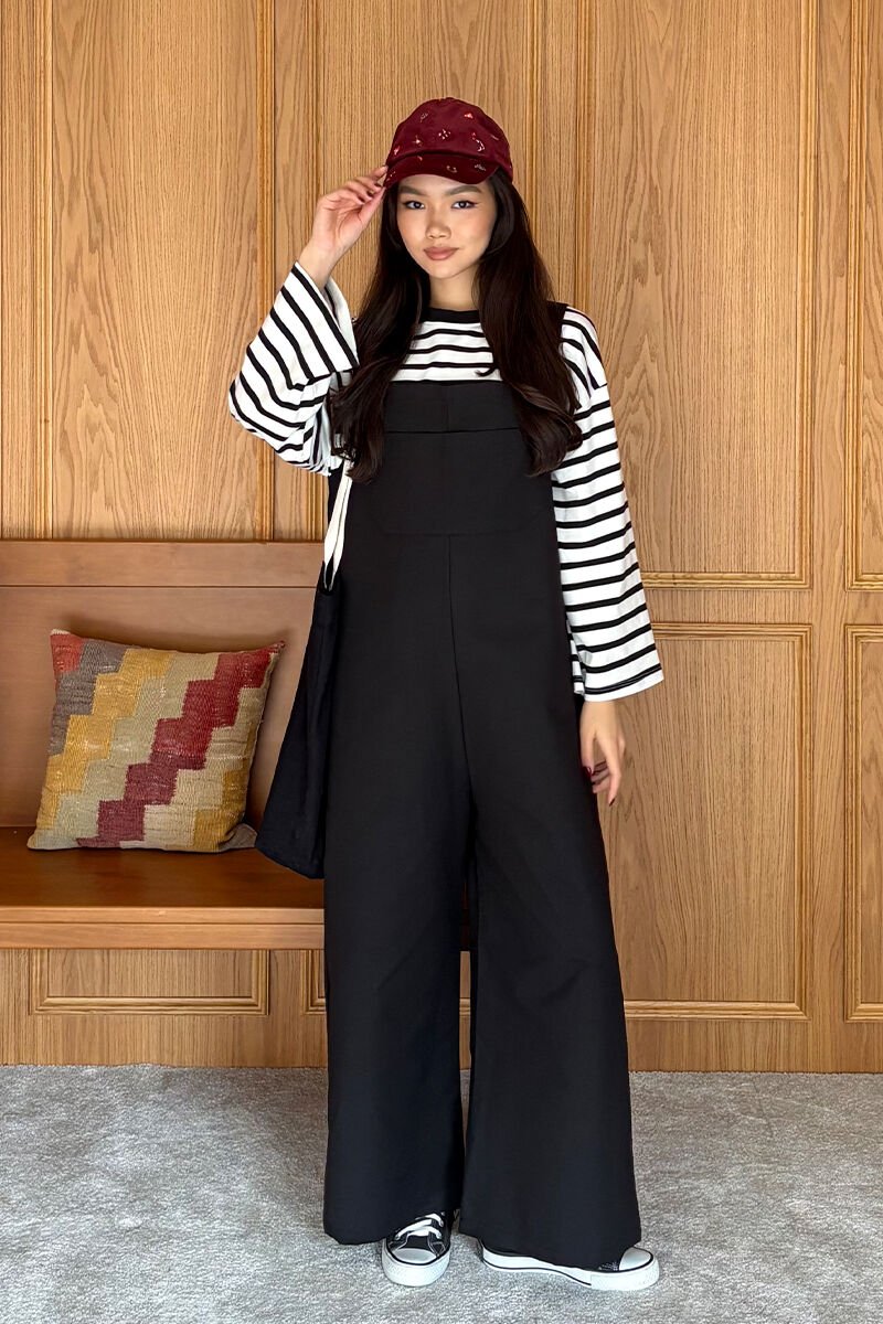 Siyah Keten Salopet Tulum & Siyah Çizgili Body Takım