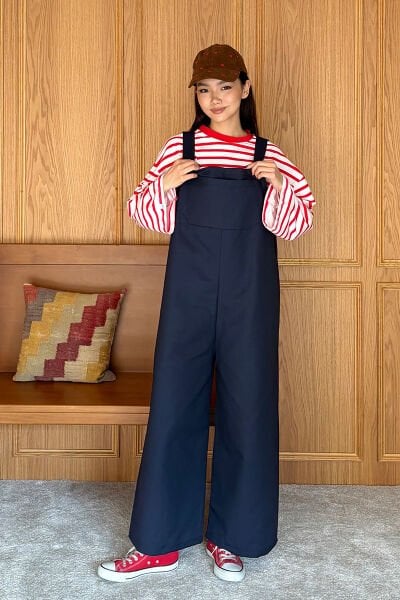Lacivert Keten Salopet Tulum & Kırmızı Çizgili Body Takım