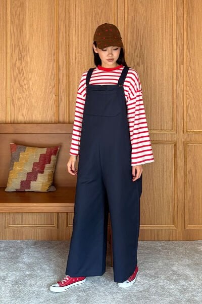 Lacivert Keten Salopet Tulum & Kırmızı Çizgili Body Takım