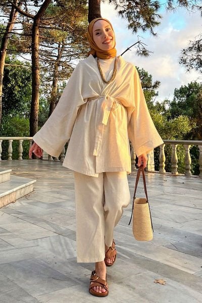 Organik Keten Kimono & Organik Keten Boru Paça Pantolon Takım I RİMEL