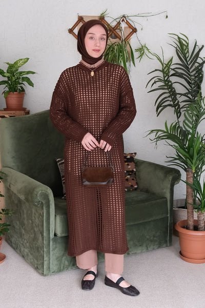 Kahverengi File Triko Elbise