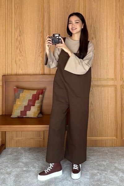 Çikolata Keten Salopet Tulum & Taş Body Takım