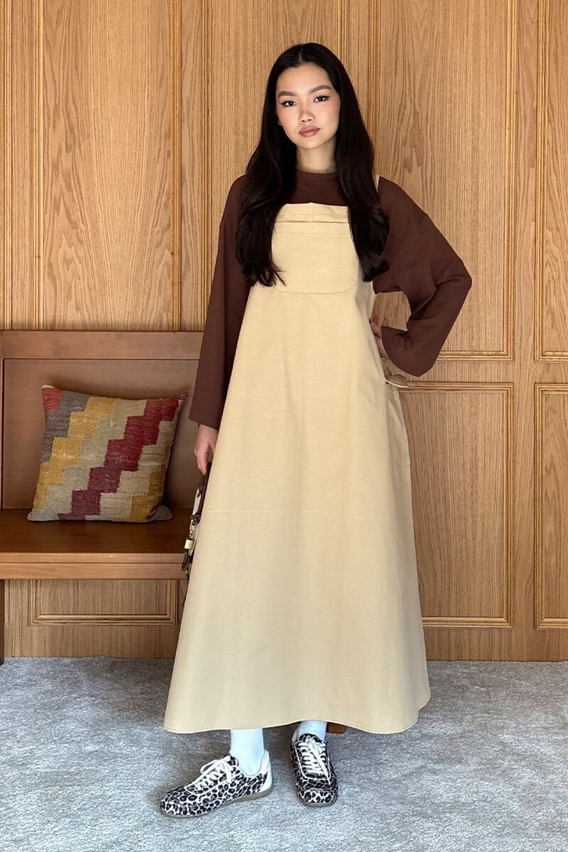 Sütlü Kahve Keten Etekli Salopet & Acı Kahve Body Takım