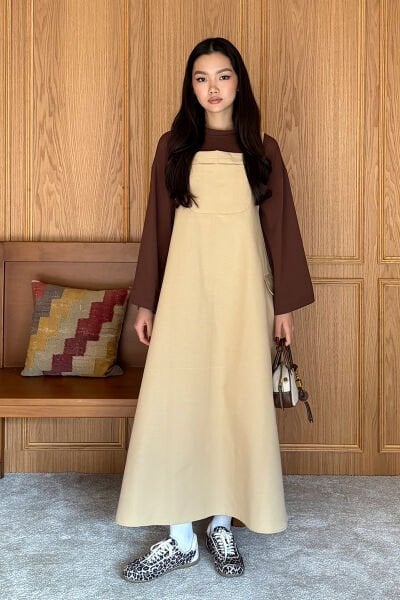 Sütlü Kahve Keten Etekli Salopet & Acı Kahve Body Takım