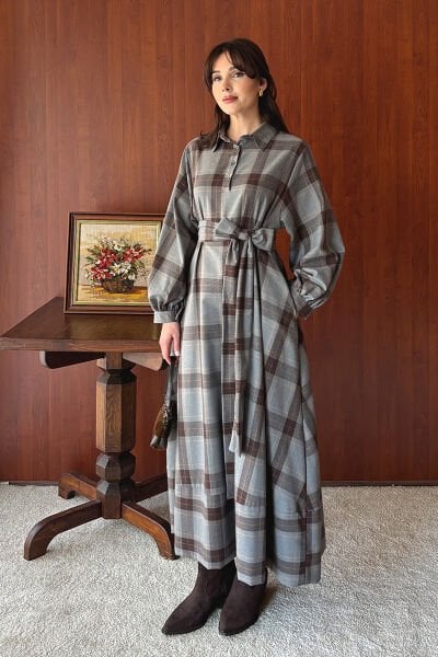 Antrasit Ekoseli Vintage Elbise