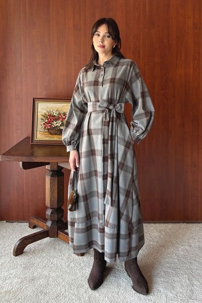 Antrasit Ekoseli Vintage Elbise